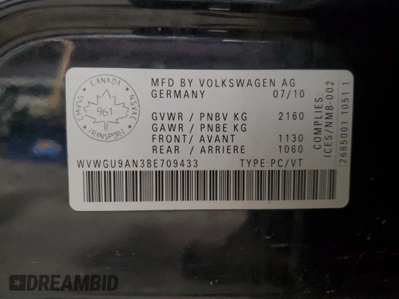 2011 Volkswagen CC with VIN WVWGU9AN3BE709433, listed as a Copart auction lot 42251025 with 155,602 mi miles and Salvage Title. Bid and sale history available at DreamBid. Image 12.