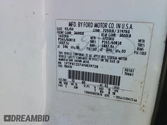 2004 Ford F-150 XL with VIN 1FTPX12574NB59728, listed as a Copart auction lot 52126375 with Not provided miles and Salvage title. Bid and sale history available at DreamBid. Image 14.
