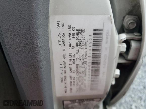 2001 Mitsubishi Galant ES z VIN 4A3AA46G31E134550, wystawiony jako Copart lot #42327585 z przebiegiem 183 942 mil mil oraz Szkoda całkowita • Salvage title. Historia ofert i sprzedaży dostępna na DreamBid. Obrazek 14.
