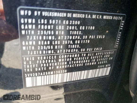 2024 Volkswagen Tiguan SE с VIN 3VV2B7AX5RM136336, выставлен на аукционе Copart как лот 60648585 с пробегом 7 667 миль миль и Списание • Salvage title. История ставок и продаж доступна на DreamBid. Изображение 14.