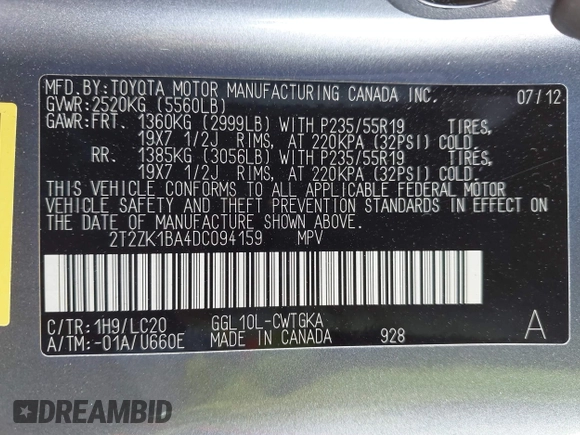 2013 Lexus RX 350 with VIN 2T2ZK1BA4DC094159, listed as a IAAI auction lot 41987974 with 113,239 mi miles and . Bid and sale history available at DreamBid. Image 9.