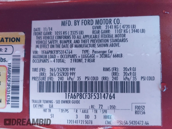 2015 Ford Mustang GT z VIN 1FA6P8CF3F5314764, wystawiony jako IAAI lot #42162531 z przebiegiem 73 080 mil mil oraz . Historia ofert i sprzedaży dostępna na DreamBid. Obrazek 9.