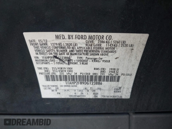 2013 Ford Taurus Limited with VIN 1FAHP2F89DG123886, listed as a IAAI auction lot 41928210 with 1 mi miles. Bid and sale history available at carsss.com. Image 9.