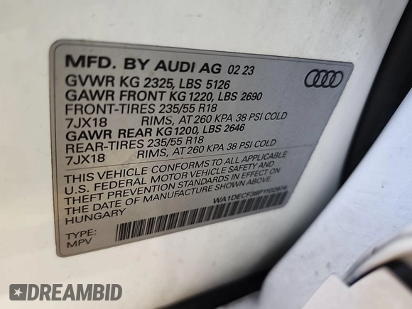 2023 Audi Q3 S line Premium с VIN WA1DECF38P1102974, выставлен на аукционе IAAI как лот 42852727 с пробегом 45 357 миль миль и . История ставок и продаж доступна на DreamBid. Изображение 12.