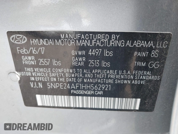 2017 Hyundai Sonata 2.4L with VIN 5NPE24AF1HH562921, listed as a IAAI auction lot 41883886 with 145,594 mi miles and . Bid and sale history available at carsss.com. Image 9.