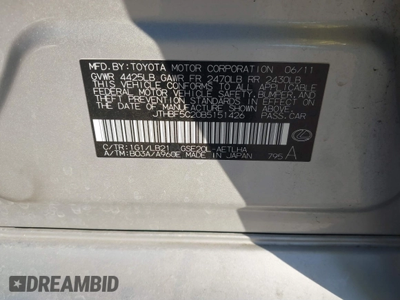 2011 Lexus IS 250 с VIN JTHBF5C20B5151426, выставлен на аукционе IAAI как лот 41313466 с пробегом 63 541 миль миль и . История ставок и продаж доступна на DreamBid. Изображение 9.