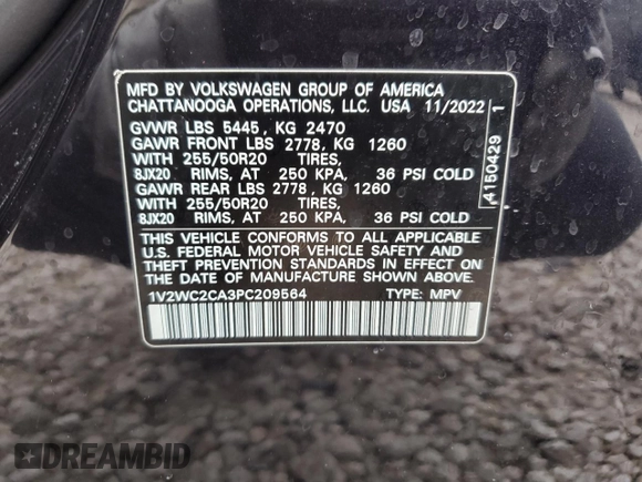 2023 Volkswagen Atlas SE with VIN 1V2WC2CA3PC209564, listed as a Copart auction lot 45835535 with 17,289 mi miles and Salvage title. Bid and sale history available at DreamBid. Image 13.
