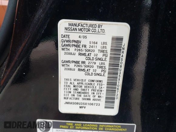 2005 Infiniti FX with VIN JNRAS08U35X106723, listed as a IAAI auction lot 42621543 with 170,558 mi miles and . Bid and sale history available at DreamBid. Image 9.