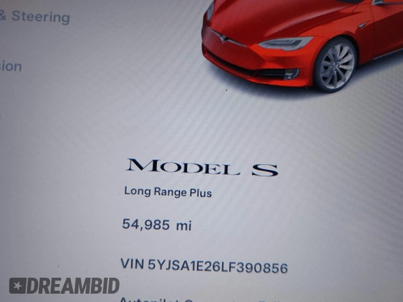 2020 Tesla Model S Long Range with VIN 5YJSA1E26LF390856, listed as a IAAI auction lot 41013728 with 54,985 mi miles. Bid and sale history available at carsss.com. Image 7.