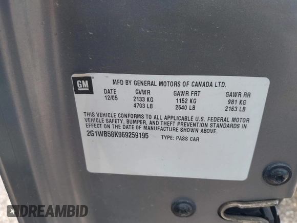 2006 Chevrolet Impala LS with VIN 2G1WB58K969259195, listed as a IAAI auction lot 42106110 with 164,514 mi miles and . Bid and sale history available at DreamBid. Image 9.