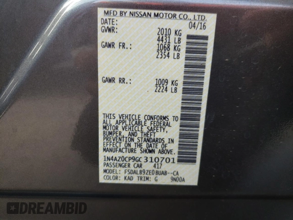 2016 Nissan LEAF S with VIN 1N4AZ0CP9GC310701, listed as a Copart auction lot 58972872 with 28,023 mi miles. Bid and sale history available at carsss.com. Image 10.