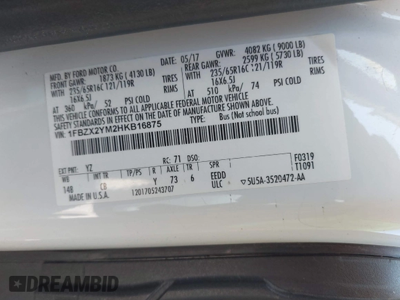 2017 Ford Transit XL с VIN 1FBZX2YM2HKB16875, выставлен на аукционе IAAI как лот 42665168 с пробегом 123 525 миль миль и . История ставок и продаж доступна на DreamBid. Изображение 9.