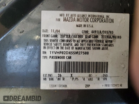 2005 Mazda 6 Sport S with VIN 1YVHP82DX55M27588, listed as a Copart auction lot 48399665 with 140,125 mi miles and Non Repairable. Bid and sale history available at DreamBid. Image 12.