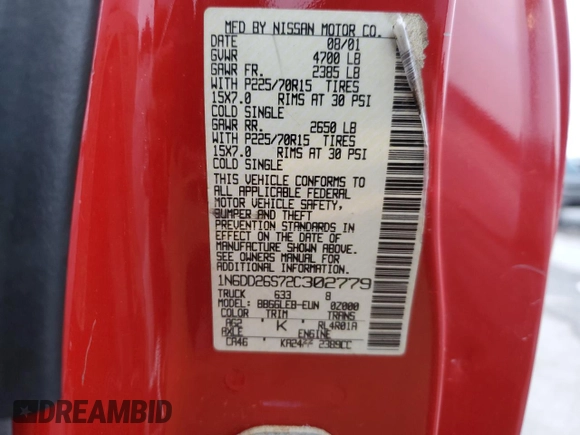 2002 Nissan Frontier XE with VIN 1N6DD26S72C302779, listed as a Copart auction lot 45683275 with 217,668 mi miles and Salvage title. Bid and sale history available at DreamBid. Image 13.