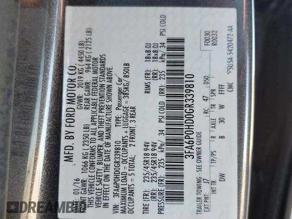 2016 Ford Fusion SE with VIN 3FA6P0HD0GR339810, listed as a Copart auction lot 51187865 with 60,254 mi miles and Salvage Title. Bid and sale history available at DreamBid. Image 12.