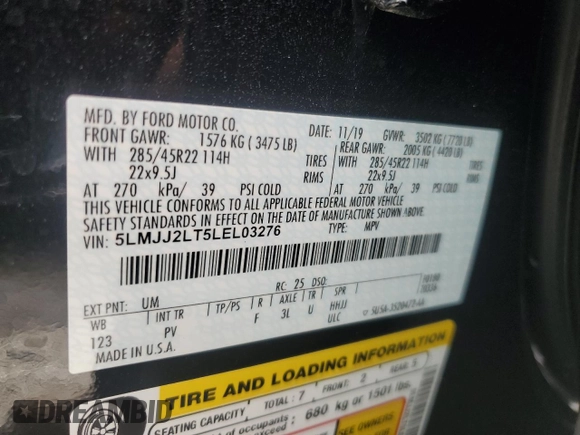 2020 Lincoln Navigator Reserve z VIN 5LMJJ2LT5LEL03276, wystawiony jako Copart lot #76548834 z przebiegiem 23 646 mil mil oraz Nie do naprawy • Non repairable. Historia ofert i sprzedaży dostępna na DreamBid. Obrazek 14.