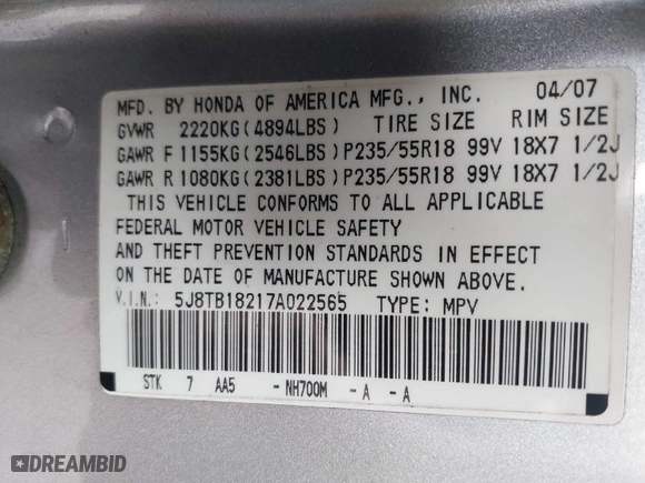 2007 Acura RDX with VIN 5J8TB18217A022565, listed as a IAAI auction lot 41900997 with 1 mi miles. Bid and sale history available at carsss.com. Image 9.