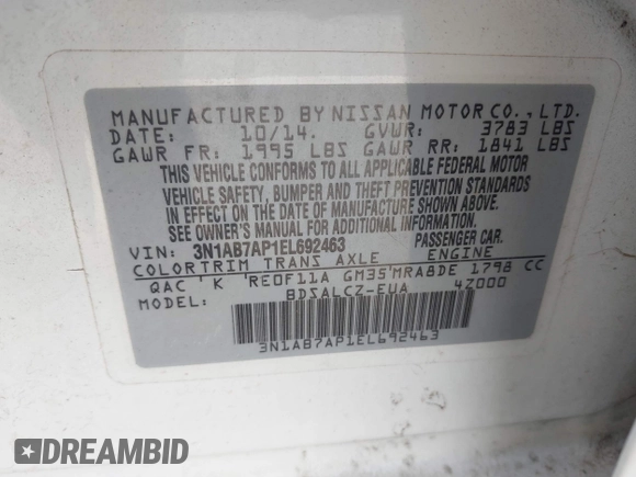 2014 Nissan Sentra S with VIN 3N1AB7AP1EL692463, listed as a IAAI auction lot 42035053 with 63,749 mi miles and . Bid and sale history available at DreamBid. Image 9.