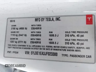 2018 Tesla Model 3 Long Range Battery with VIN 5YJ3E1EA3JF023300, listed as a IAAI auction lot 41925504 with 100,512 mi miles and . Bid and sale history available at DreamBid. Image 9.