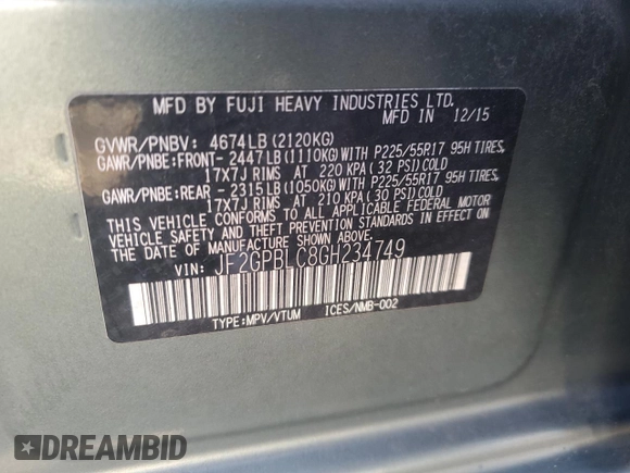 2016 Subaru Crosstrek Touring with VIN JF2GPBLC8GH234749, listed as a Copart auction lot 82640614 with 103,601 mi miles and Salvage title. Bid and sale history available at DreamBid. Image 15.