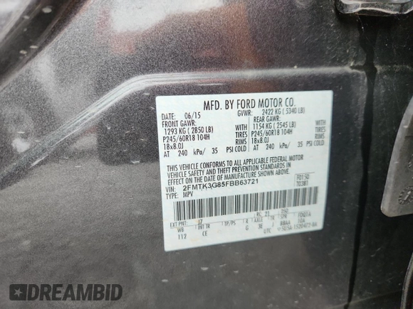 2015 Ford Edge SE z VIN 2FMTK3G85FBB63721, wystawiony jako Copart lot #61476615 z przebiegiem 145 026 mil mil oraz Szkoda całkowita • Salvage title. Historia ofert i sprzedaży dostępna na DreamBid. Obrazek 12.