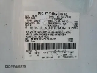2012 Ford F-150 XL with VIN 1FTMF1CM7CKE28497, listed as a Copart auction lot 56470995 with 254,723 mi miles and Salvage title. Bid and sale history available at DreamBid. Image 12.