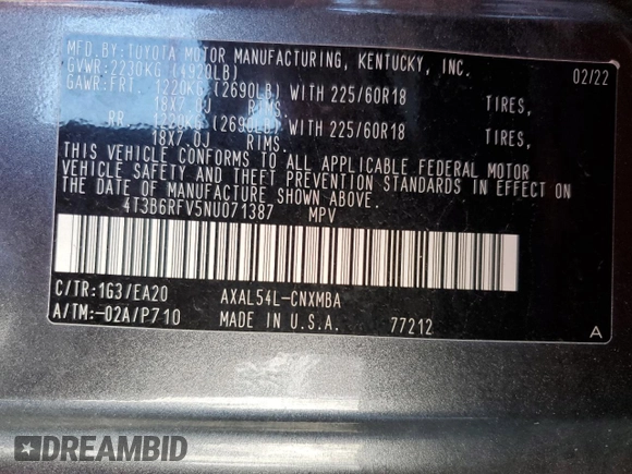 2022 Toyota RAV4 Hybrid XLE Premium с VIN 4T3B6RFV5NU071387, выставлен на аукционе Copart как лот 57410115 с пробегом 64 479 миль миль и Списание • Salvage title. История ставок и продаж доступна на DreamBid. Изображение 12.