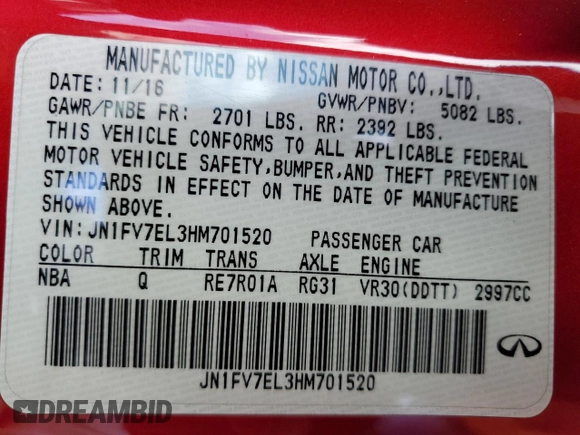 2017 Infiniti Q60 Red Sport 400 with VIN JN1FV7EL3HM701520, listed as a Copart auction lot 57169565 with 103,761 mi miles and Salvage title. Bid and sale history available at DreamBid. Image 12.