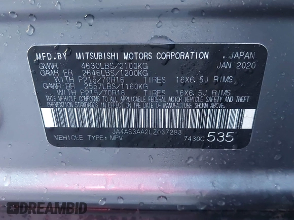 2020 Mitsubishi Eclipse Cross ES z VIN JA4AS3AA2LZ037293, wystawiony jako IAAI lot #41313547 z przebiegiem 39 051 mil mil oraz . Historia ofert i sprzedaży dostępna na DreamBid. Obrazek 9.