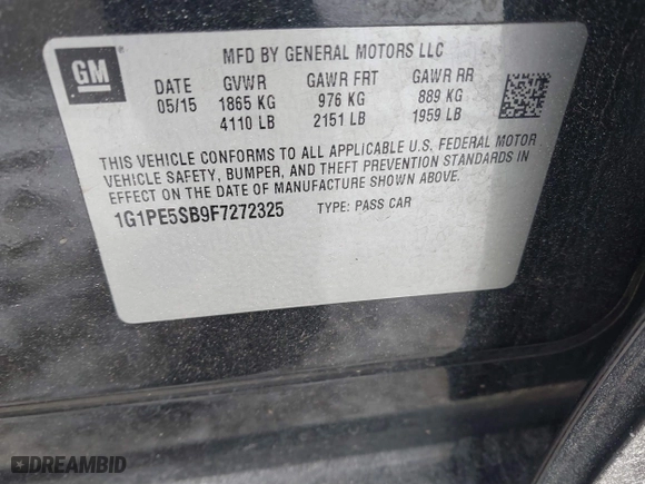 2015 Chevrolet Cruze LT with VIN 1G1PE5SB9F7272325, listed as a IAAI auction lot 40996288 with 69,969 mi miles. Bid and sale history available at carsss.com. Image 9.