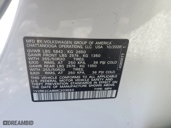 2021 Volkswagen Atlas Cross Sport 3.6L V6 SE w/Technology R-Line with VIN 1V2RE2CA8MC203553, listed as a Copart auction lot 45873045 with 83,348 mi miles and Salvage Title. Bid and sale history available at carsss.com. Image 12.