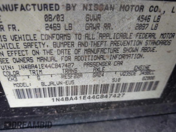2004 Nissan Maxima SL with VIN 1N4BA41E44C847427, listed as a IAAI auction lot 42229366 with 156,728 mi miles and . Bid and sale history available at DreamBid. Image 9.