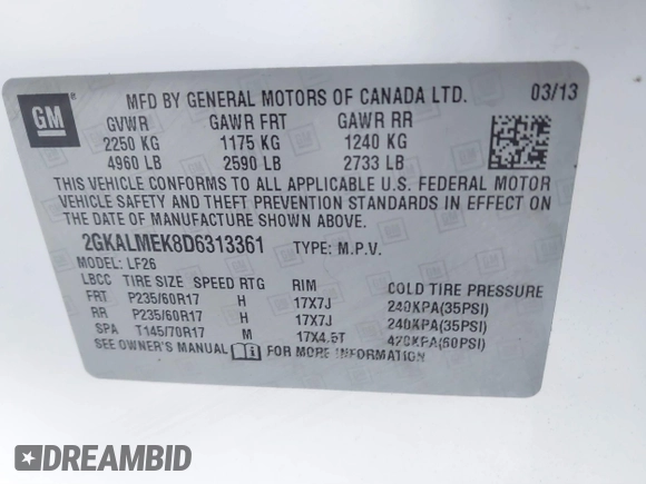 2013 GMC Terrain SLE with VIN 2GKALMEK8D6313361, listed as a IAAI auction lot 41828934 with 171,463 mi miles. Bid and sale history available at carsss.com. Image 9.