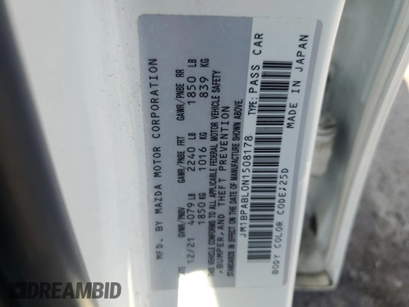 2022 Mazda 3 Select with VIN JM1BPABL0N1508178, listed as a Copart auction lot 63181305 with 41,119 mi miles and Salvage title. Bid and sale history available at DreamBid. Image 13.