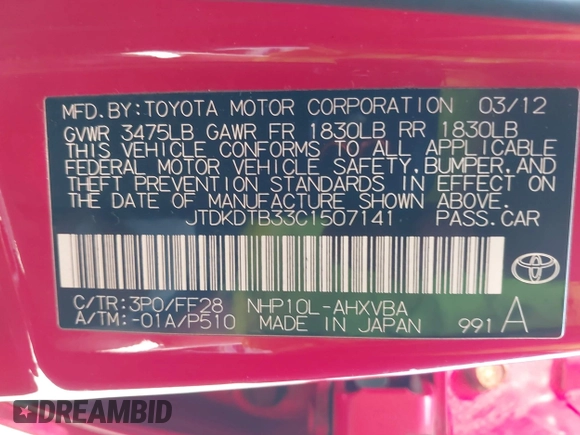 2012 Toyota Prius One z VIN JTDKDTB33C1507141, wystawiony jako IAAI lot #42107305 z przebiegiem 210 398 mil mil oraz . Historia ofert i sprzedaży dostępna na DreamBid. Obrazek 9.