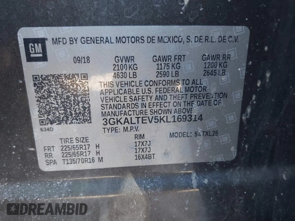 2019 GMC Terrain SLE with VIN 3GKALTEV5KL169314, listed as a IAAI auction lot 42054718 with 96,841 mi miles. Bid and sale history available at carsss.com. Image 9.