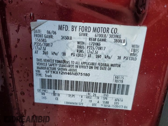 2006 Ford F-150 STX with VIN 1FTRX12W46NB75180, listed as a Copart auction lot 48231805 with 201,540 mi miles and Salvage Title. Bid and sale history available at carsss.com. Image 12.