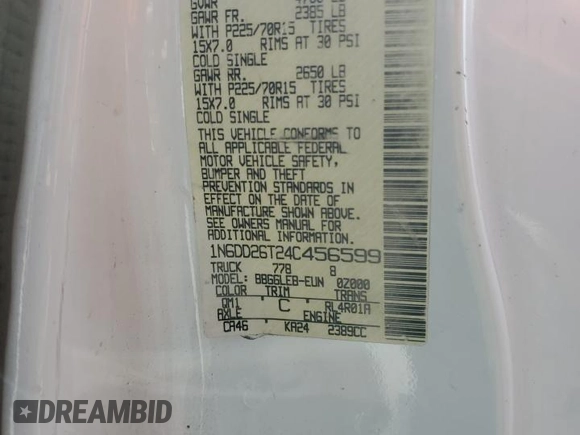 2004 Nissan Frontier XE z VIN 1N6DD26T24C456599, wystawiony jako Copart lot #55990875 z przebiegiem 197 906 mil mil oraz Szkoda całkowita • Salvage title. Historia ofert i sprzedaży dostępna na DreamBid. Obrazek 12.