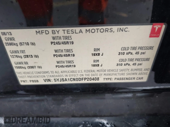 2013 Tesla Model S с VIN 5YJSA1CN0DFP20408, выставлен на аукционе IAAI как лот 41524470 с пробегом Не указан миль и . История ставок и продаж доступна на DreamBid. Изображение 9.