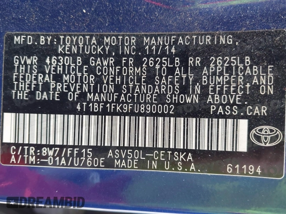 2015 Toyota Camry XLE with VIN 4T1BF1FK9FU890002, listed as a IAAI auction lot 41868372 with 283,858 mi miles. Bid and sale history available at carsss.com. Image 9.