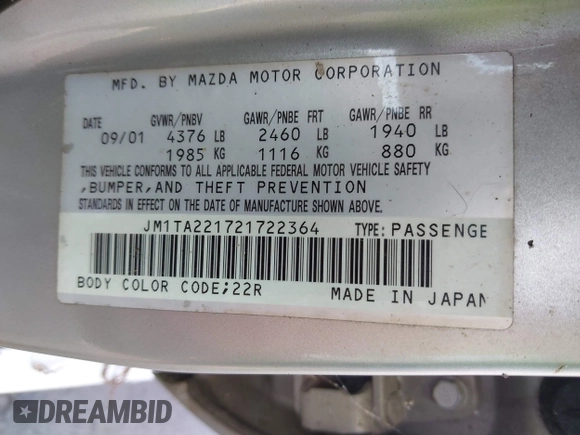2002 Mazda Millenia with VIN JM1TA221721722364, listed as a IAAI auction lot 42160683 with 166,778 mi miles and . Bid and sale history available at DreamBid. Image 9.