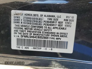 2012 Honda Odyssey EX-L with VIN 5FNRL5H64CB052869, listed as a Copart auction lot 47685375 with 168,449 mi miles and Salvage Title. Bid and sale history available at DreamBid. Image 13.