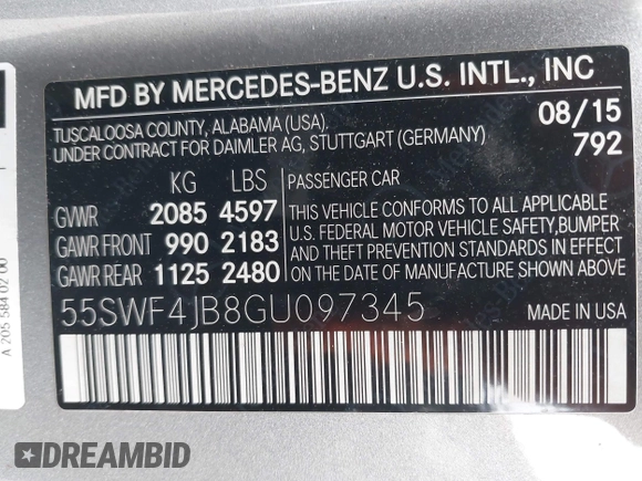 2016 Mercedes-Benz C 300 with VIN 55SWF4JB8GU097345, listed as a IAAI auction lot 42429203 with 110,273 mi miles and . Bid and sale history available at DreamBid. Image 9.