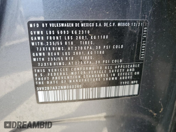 2022 Volkswagen Tiguan SE z VIN 3VV2B7AX2NM060360, wystawiony jako Copart lot #60428065 z przebiegiem 29 272 mil mil oraz Czysty tytuł • Clean title. Historia ofert i sprzedaży dostępna na DreamBid. Obrazek 14.