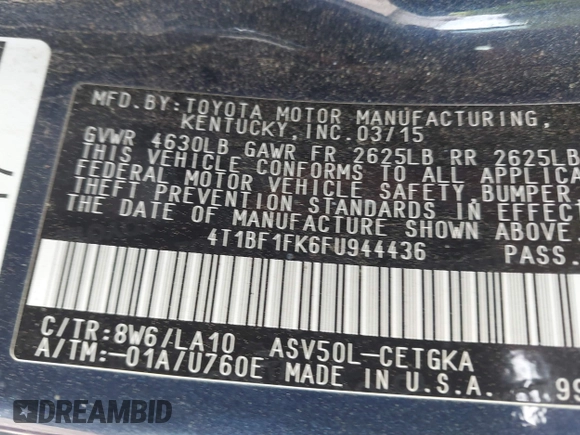 2015 Toyota Camry XLE z VIN 4T1BF1FK6FU944436, wystawiony jako IAAI lot #41884677 z przebiegiem 242 571 mil mil oraz . Historia ofert i sprzedaży dostępna na DreamBid. Obrazek 9.