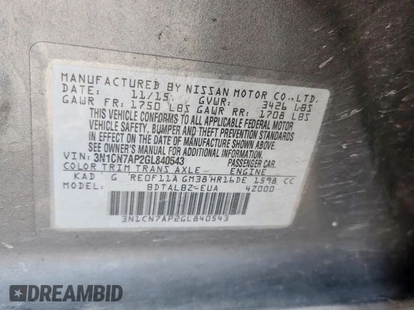 2016 Nissan Versa SV z VIN 3N1CN7AP2GL840543, wystawiony jako Copart lot #60089465 z przebiegiem 163 858 mil mil oraz Szkoda całkowita • Salvage title. Historia ofert i sprzedaży dostępna na DreamBid. Obrazek 13.