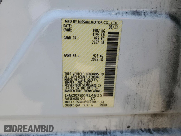 2013 Nissan LEAF SL with VIN 1N4AZ0CP2DC414815, listed as a Copart auction lot 60162715 with 81,919 mi miles and Salvage title. Bid and sale history available at DreamBid. Image 12.
