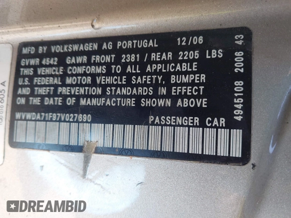 2007 Volkswagen Eos 2.0T with VIN WVWDA71F97V027690, listed as a IAAI auction lot 41625068 with 150,876 mi miles and . Bid and sale history available at DreamBid. Image 9.