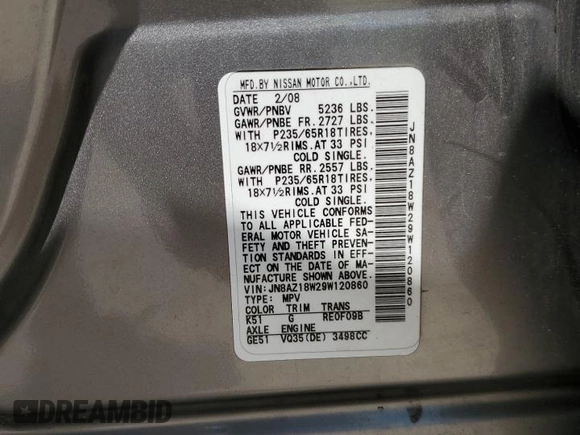 2009 Nissan Murano LE with VIN JN8AZ18W29W120860, listed as a Copart auction lot 62857124 with 199,955 mi miles and Non Repairable. Bid and sale history available at carsss.com. Image 14.