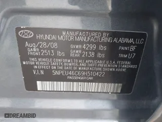 2009 Hyundai Sonata Limited with VIN 5NPEU46C69H510422, listed as a IAAI auction lot 41878838 with 94,146 mi miles. Bid and sale history available at carsss.com. Image 9.